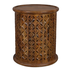 Indian Hand Carved Diamond Pattern Solid Mango Wood Round Shape Tea Side Table Living Room Home Use Luxury Indoor Coffee Table