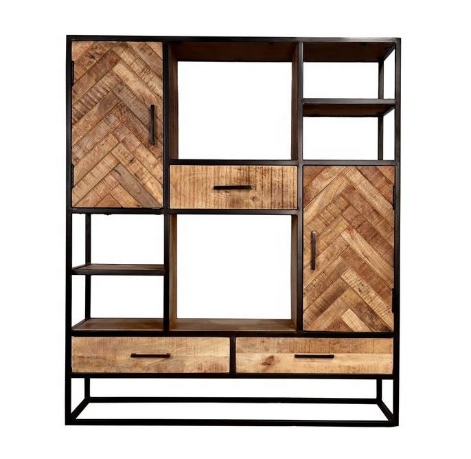 Solid Wood Open Shelf Industrial Display Rack with Storage drawers And Doors Cabinet Iron & Mango Wooden Book Shelf