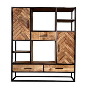 Solid Wood Open Shelf Industrial Display Rack with Storage drawers And Doors Cabinet Iron & Mango Wooden Book Shelf