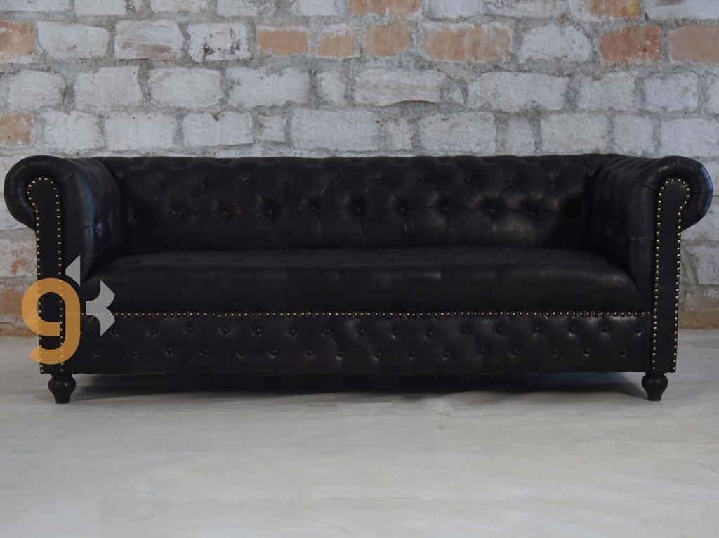 Midcentury Styled Tufted Button Fitted Black Genuine Leather Living Room Three Seater Chesterfield Sofa Furniture For Home & Bar