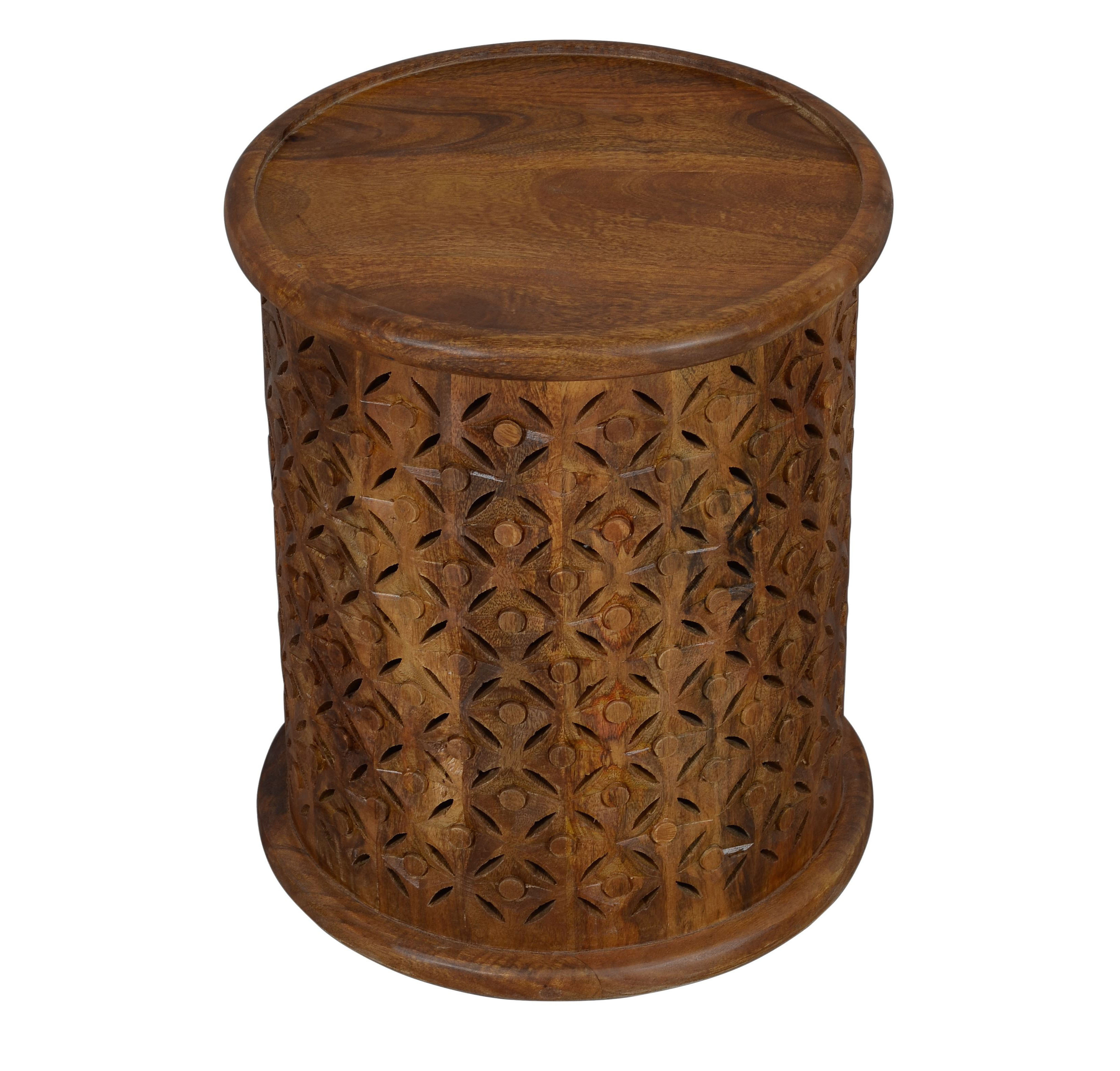 Indian Hand Carved Diamond Pattern Solid Mango Wood Round Shape Tea Side Table Living Room Home Use Luxury Indoor Coffee Table