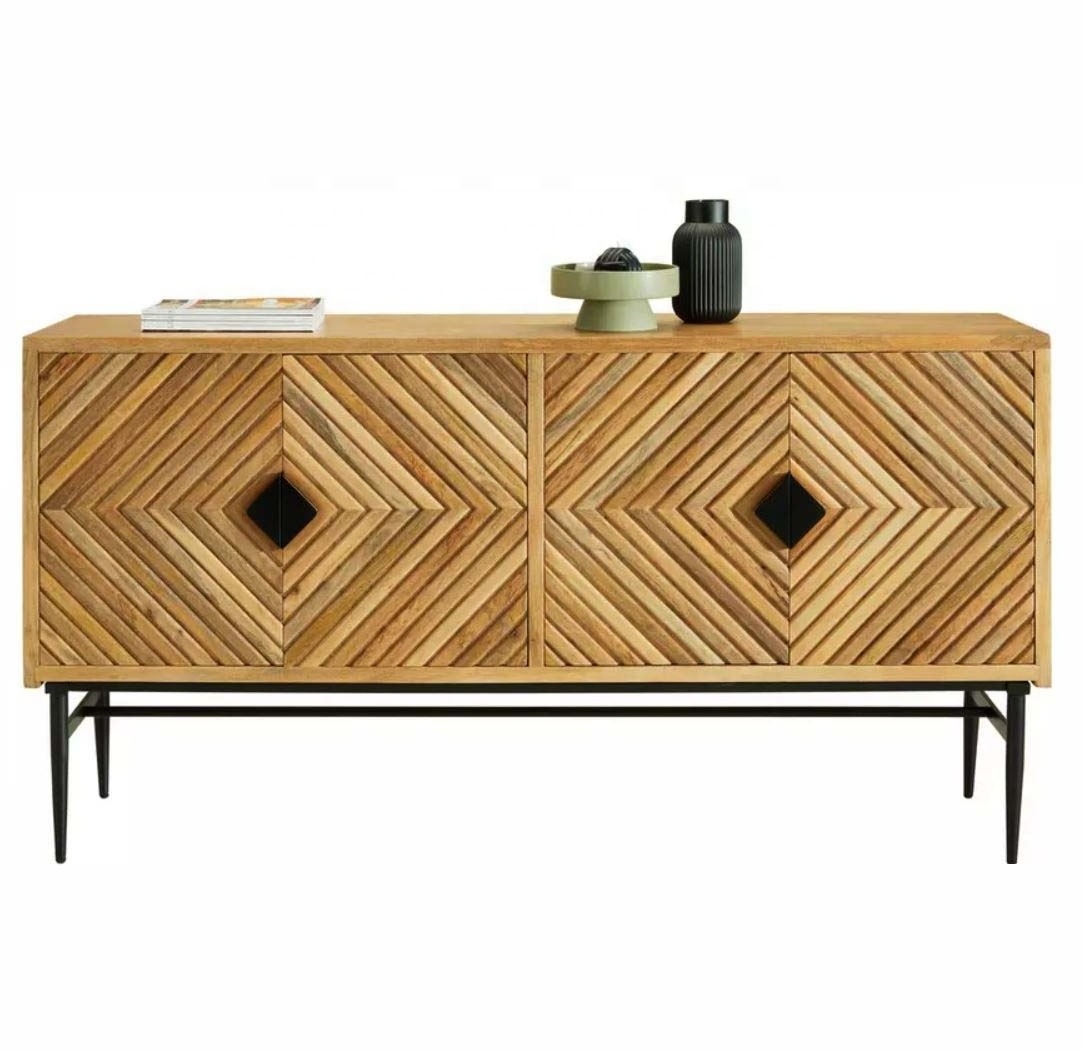 3D Panel Cabinet Sideboard Mango Wood Segment Tapered Iron Legs Wooden 4 Doors Nordic Italian Style Luxury Solid Home Furniture