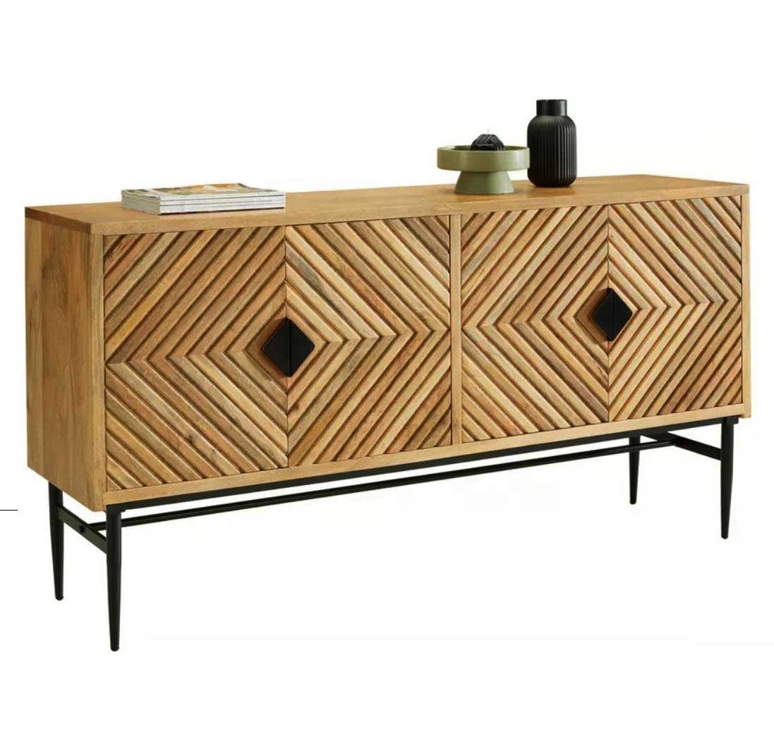 3D Panel Cabinet Sideboard Mango Wood Segment Tapered Iron Legs Wooden 4 Doors Nordic Italian Style Luxury Solid Home Furniture