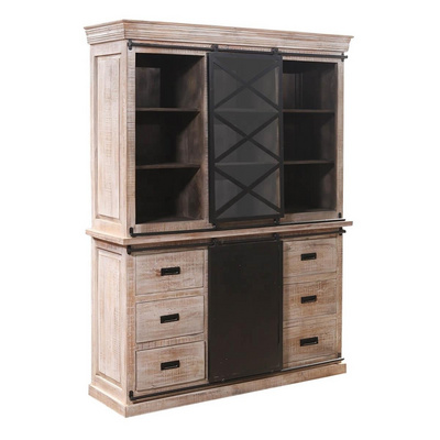 Distressed Solid Wood Mango Wooden Buffet Display Hutch Case Closet Cupboard Cabinet With Metal Storage Sliding Doors Two Part