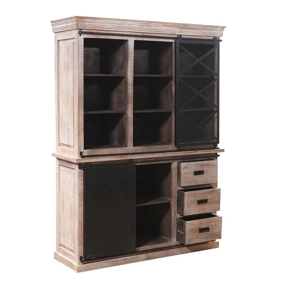 Distressed Solid Wood Mango Wooden Buffet Display Hutch Case Closet Cupboard Cabinet With Metal Storage Sliding Doors Two Part