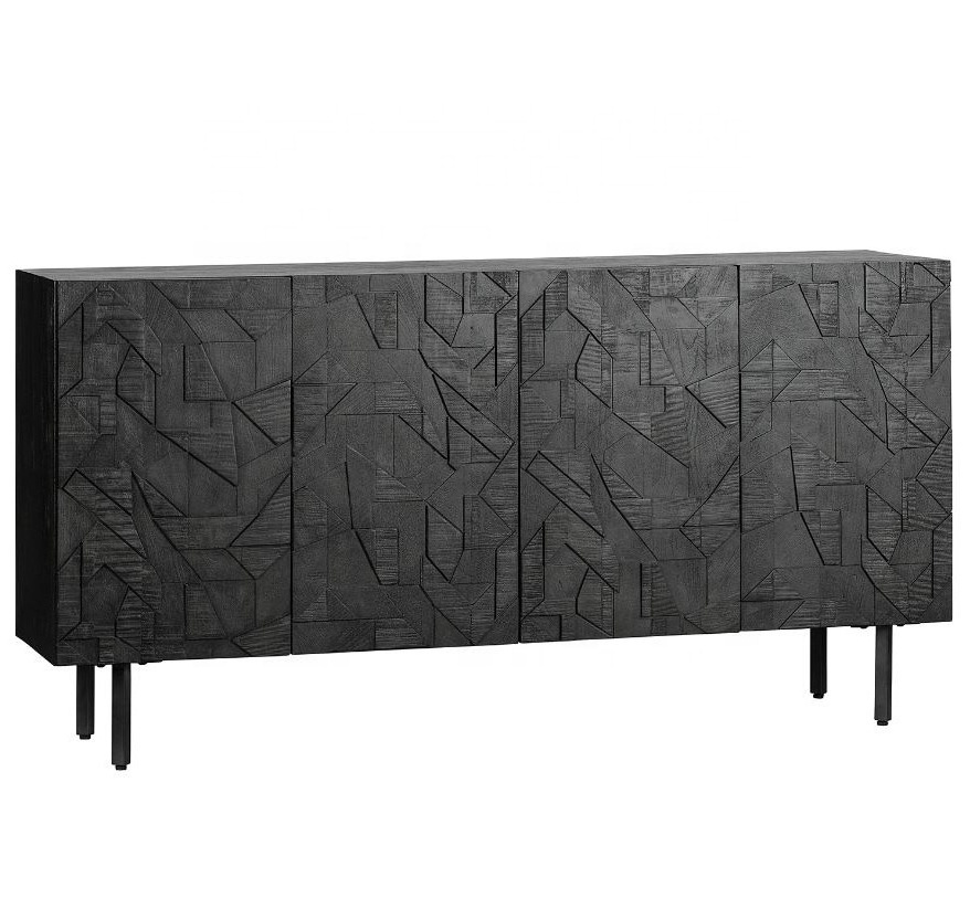 Premium Quality Black Catchy Design Solid Wooden KD Metal Base Storage Shelves Carved Stylish Door Living Room Cabinet Sideboard