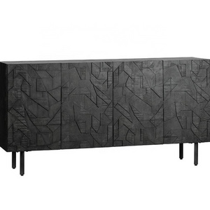 Premium Quality Black Catchy Design Solid Wooden KD Metal Base Storage Shelves Carved Stylish Door Living Room Cabinet Sideboard