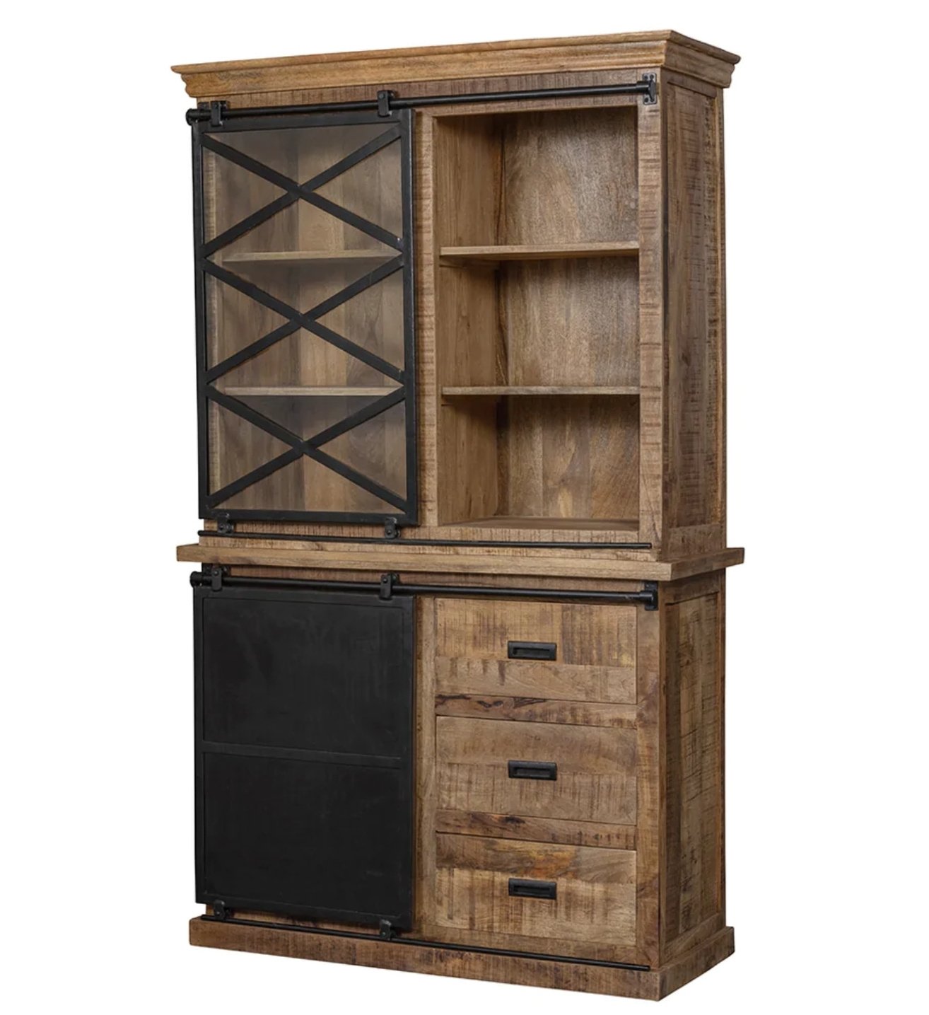 Solid Mango Wood Small Buffet Display Case Closet Cupboard Cabinet With Metal & Glass Sliding Doors Two Part For Living Room