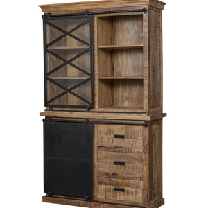 Solid Mango Wood Small Buffet Display Case Closet Cupboard Cabinet With Metal & Glass Sliding Doors Two Part For Living Room