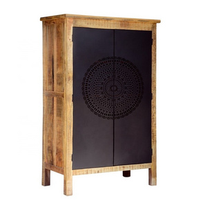 Industrial Modern Made Of Solid Wood With Perforated Ethnic Style CNC Cutting Design Door Mango Wooden Cupboard Almirah Cabinet