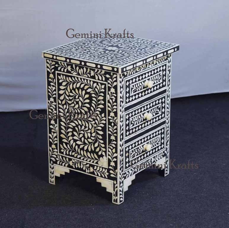 Bone Inlay Three Drawer Side Table, Nightstand, Bedside table