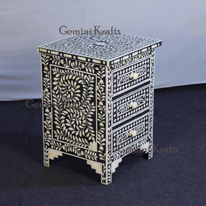 Bone Inlay Three Drawer Side Table, Nightstand, Bedside table