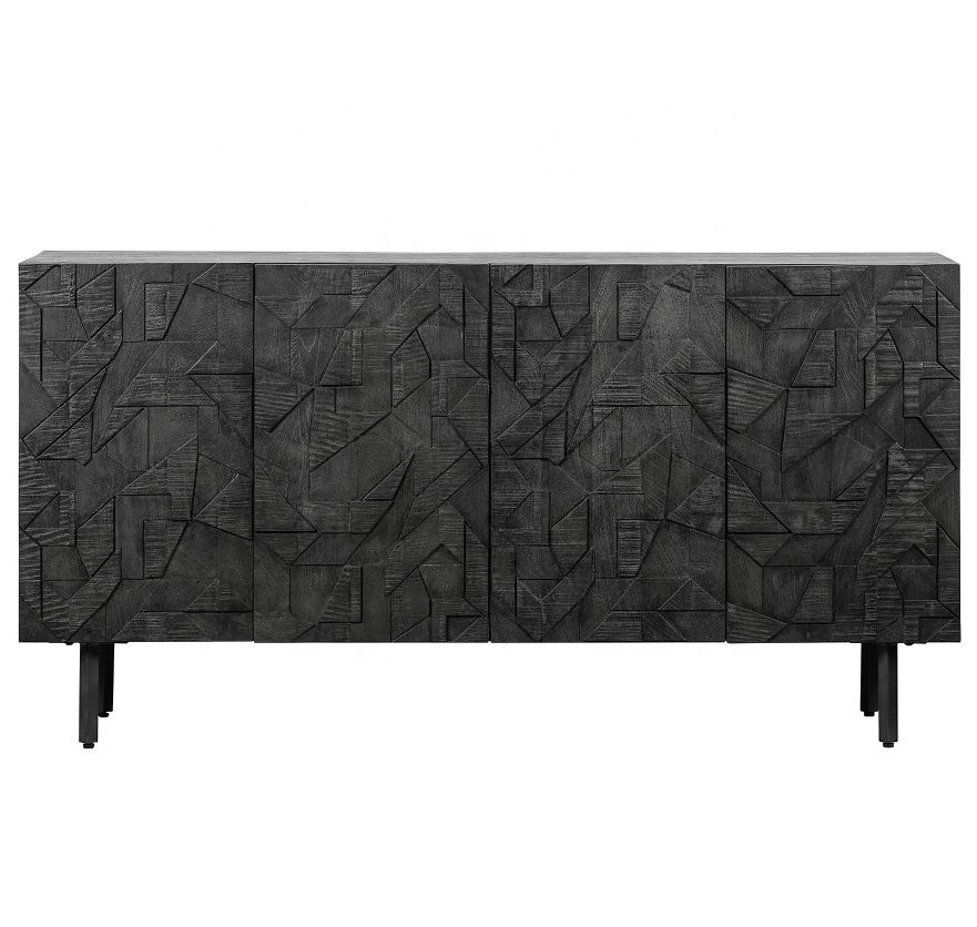 Premium Quality Black Catchy Design Solid Wooden KD Metal Base Storage Shelves Carved Stylish Door Living Room Cabinet Sideboard