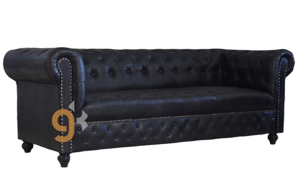 Midcentury Styled Tufted Button Fitted Black Genuine Leather Living Room Three Seater Chesterfield Sofa Furniture For Home & Bar