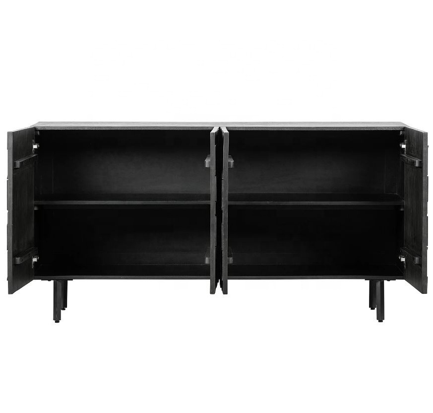 Premium Quality Black Catchy Design Solid Wooden KD Metal Base Storage Shelves Carved Stylish Door Living Room Cabinet Sideboard