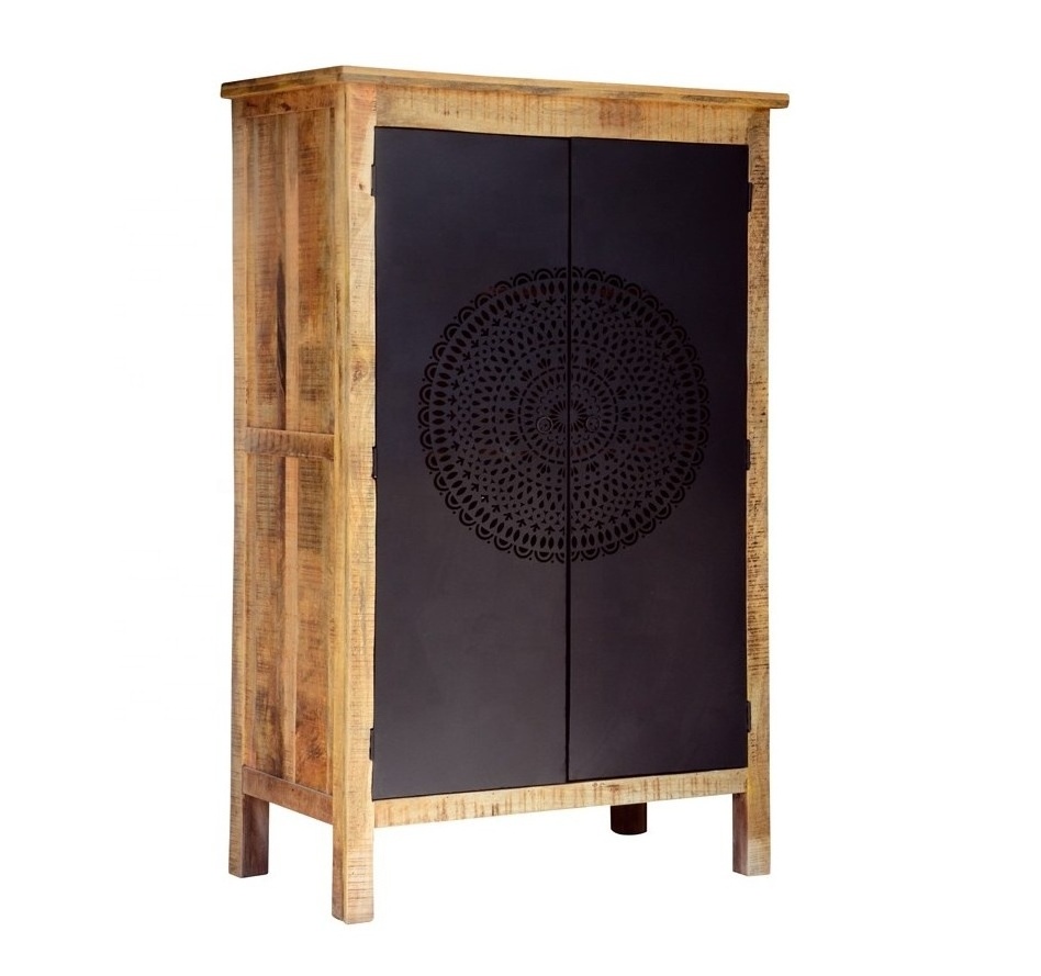 Industrial Modern Made Of Solid Wood With Perforated Ethnic Style CNC Cutting Design Door Mango Wooden Cupboard Almirah Cabinet