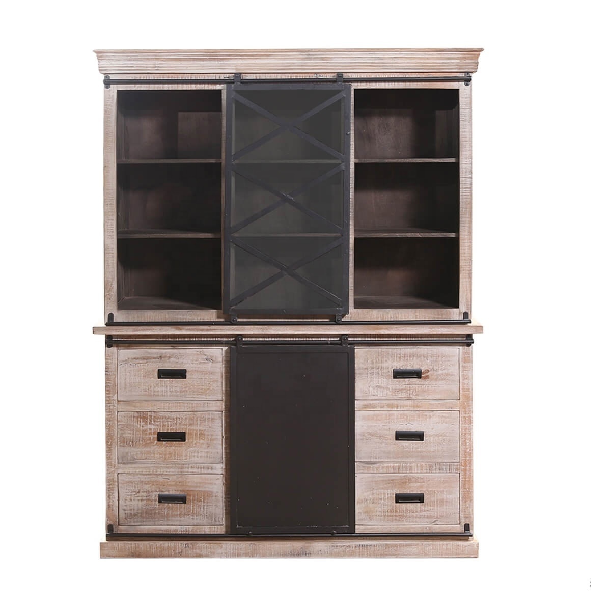 Distressed Solid Wood Mango Wooden Buffet Display Hutch Case Closet Cupboard Cabinet With Metal Storage Sliding Doors Two Part