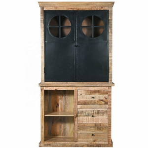 Industrial Large Iron Mesh Door Solid Mango Wooden 3 Storage Drawers Display Kitchen Wall Showcase Cupboard Sturdy Cabinet