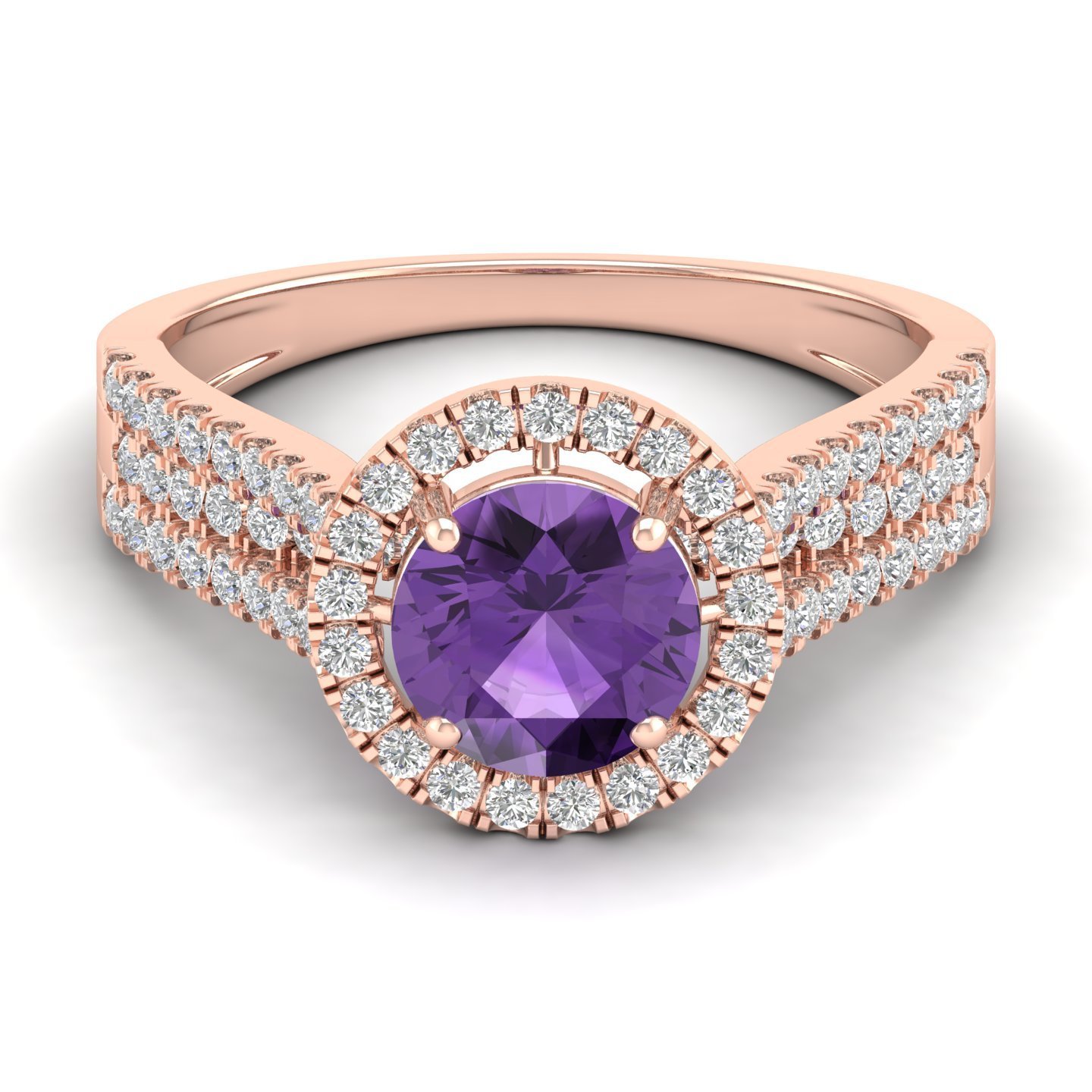 Gemstone Jewelry IGI Certified Diamond Round Cut Natural Amethyst Semiprecious Engagement Ring in 14K Solid Rose Gold Ring