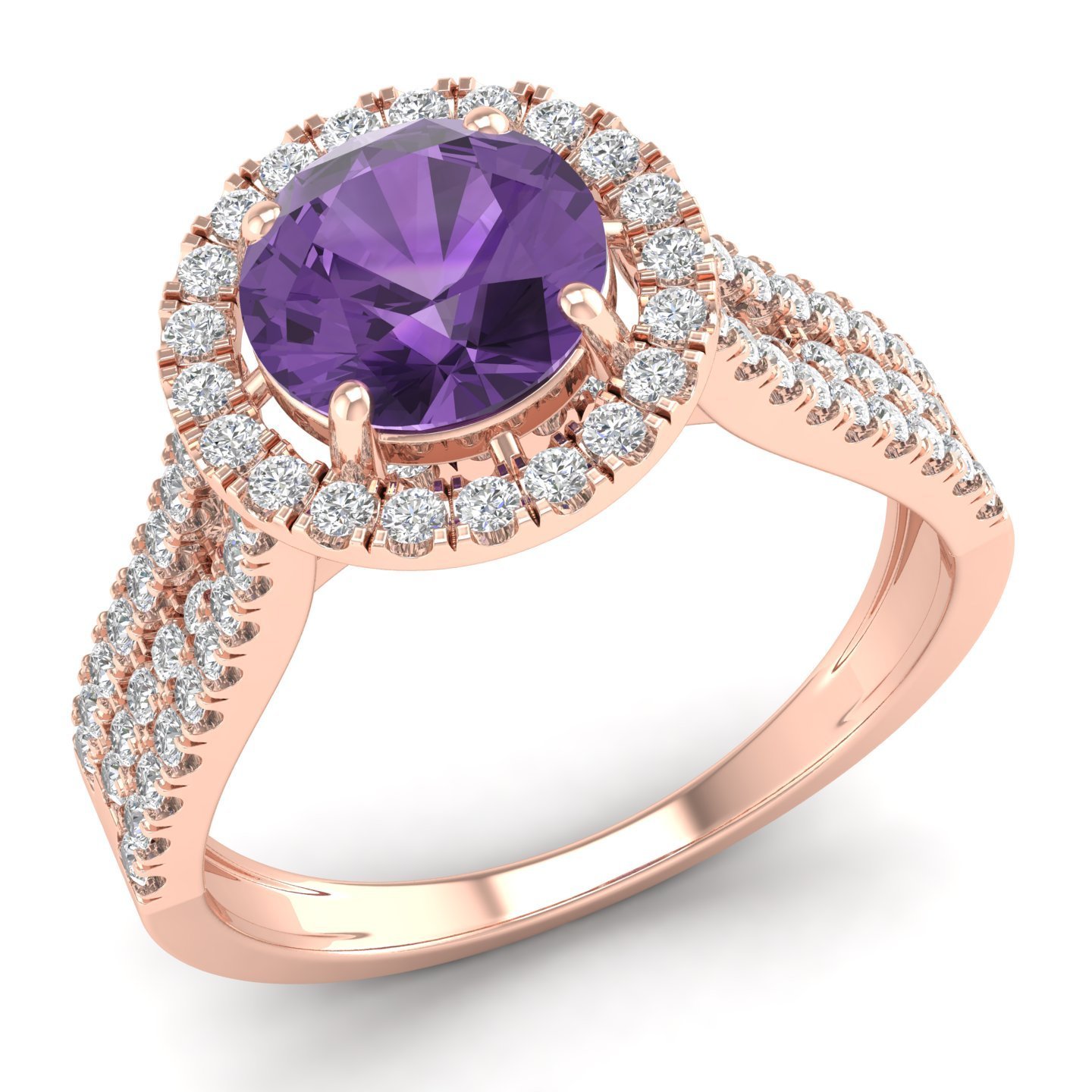 Gemstone Jewelry IGI Certified Diamond Round Cut Natural Amethyst Semiprecious Engagement Ring in 14K Solid Rose Gold Ring