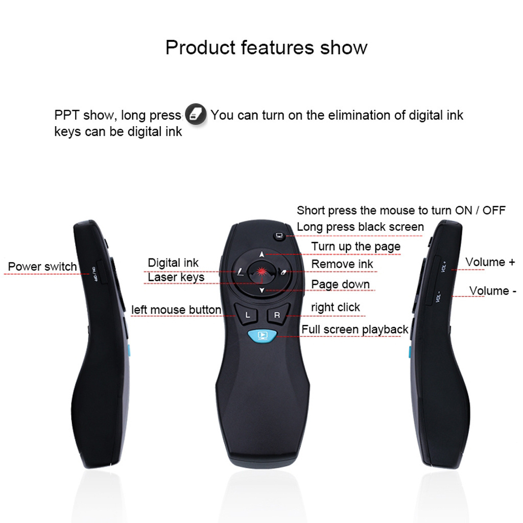 2.4G RF Wireless pointer PPT Page Turning Pen Remote Control Air Mouse Multi-functional Presentation Laser Pointer