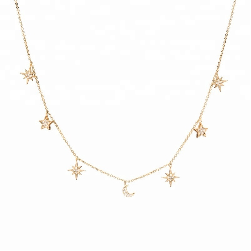 Gemnice fashion recycled sterling silver 14K gold statement moon star charm choker necklace