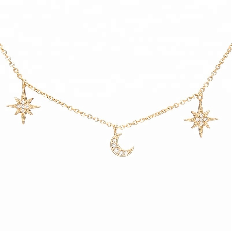 Gemnice fashion recycled sterling silver 14K gold statement moon star charm choker necklace