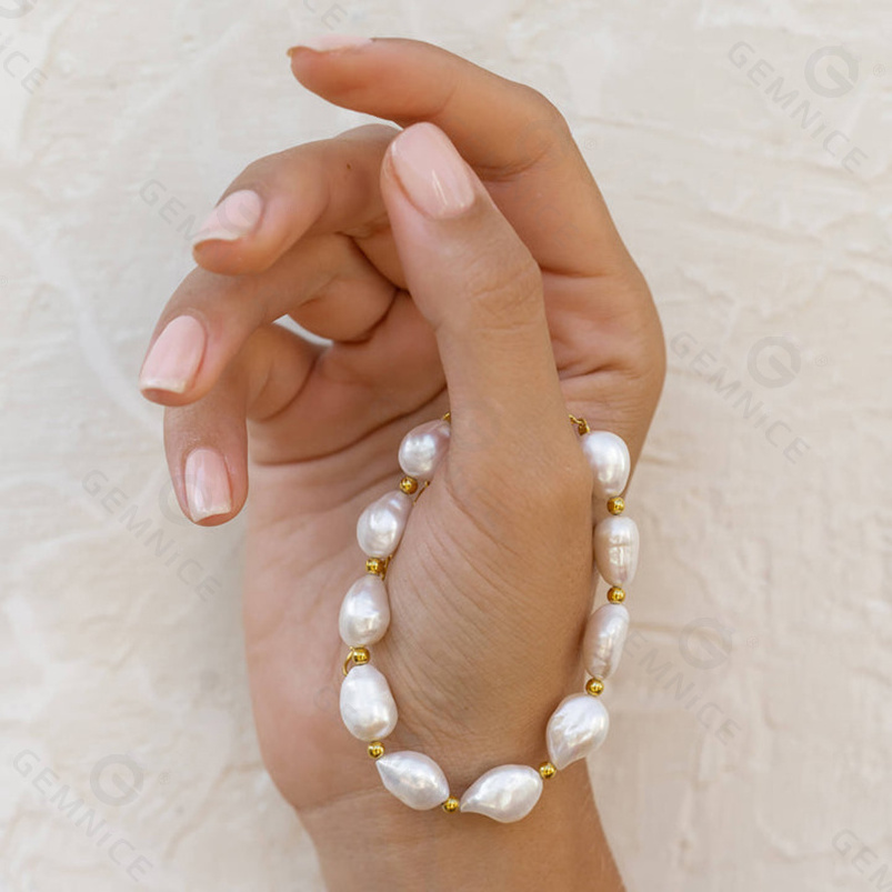 Gemnel 925 sterling silver custom natural baroque freshwater pearls adjustable bead bracelet