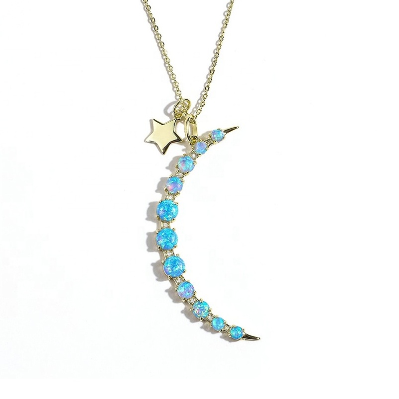 Gemnel Custom 925 Sterling Silver 18k Gold Plated Blue Crystal Crescent Phases Natural Stone Opal Moon And Star Pendant Necklace