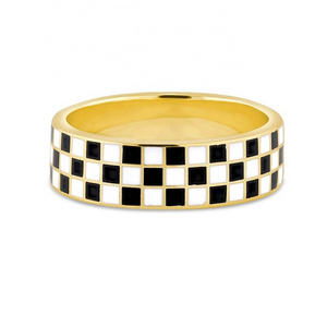 Gemnel jewelry 925 sterling silver fashion 14k gold black and white checkered enamel ring band rings for women