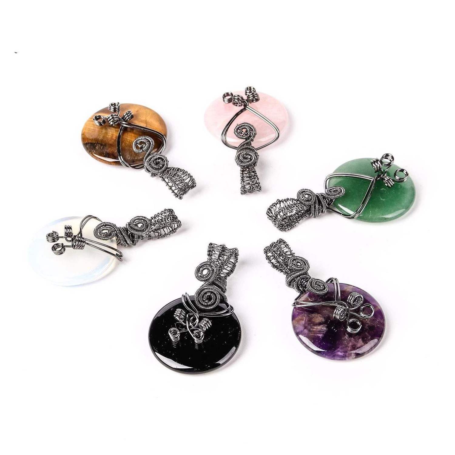 Wholesale Hand Craft Wire Wrap Creative Natural Crystal Coin Pendant For Jewelry Making Decoration Necklace