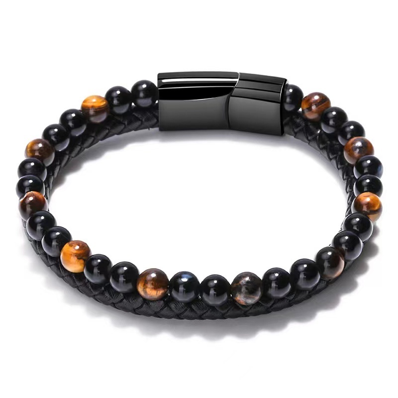 Tiger Eye Lava Men Natural Stone Bead Stainless Steel Magnetic Clasp Black Genuine Mens Leather Bracelet