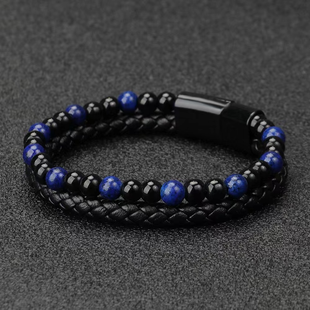 Tiger Eye Lava Men Natural Stone Bead Stainless Steel Magnetic Clasp Black Genuine Mens Leather Bracelet