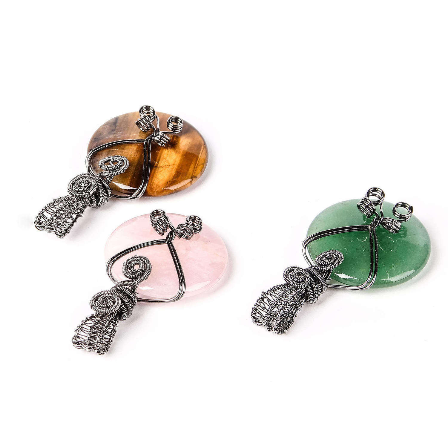 Wholesale Hand Craft Wire Wrap Creative Natural Crystal Coin Pendant For Jewelry Making Decoration Necklace