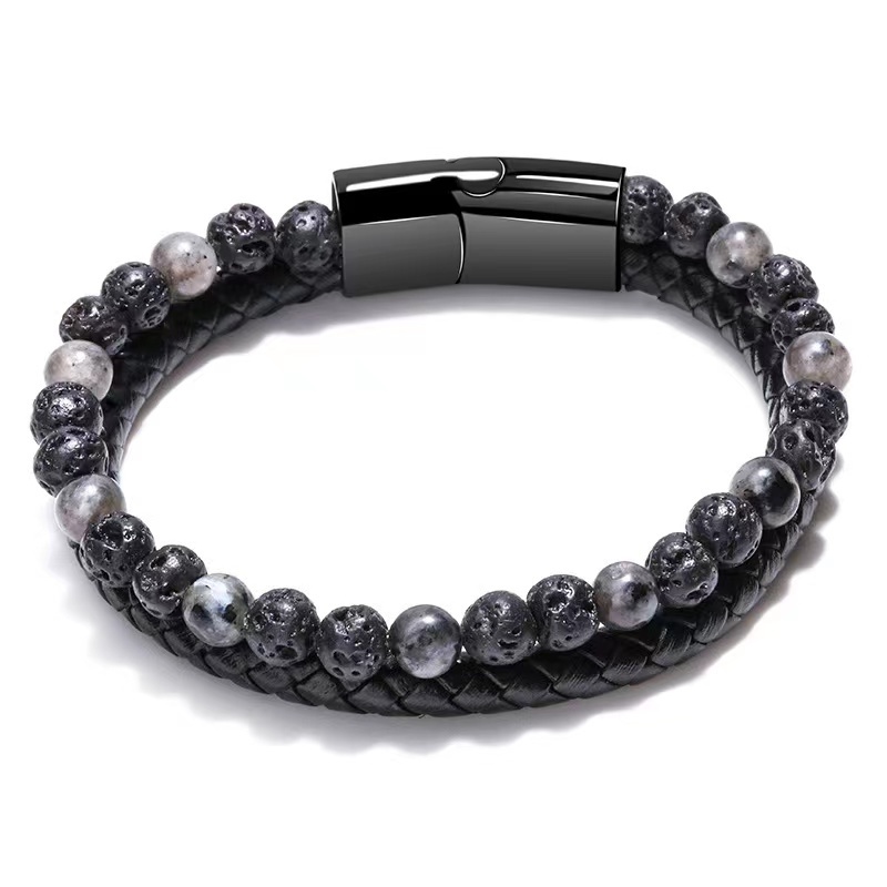 Tiger Eye Lava Men Natural Stone Bead Stainless Steel Magnetic Clasp Black Genuine Mens Leather Bracelet