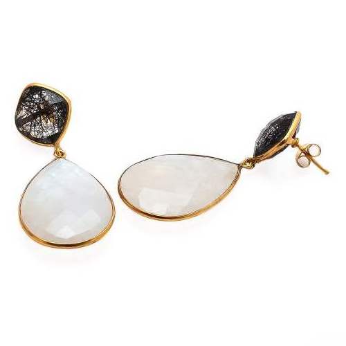 Brass Earrings Black Rutile & Milky Attractive Brass Gemstone Brass earrings