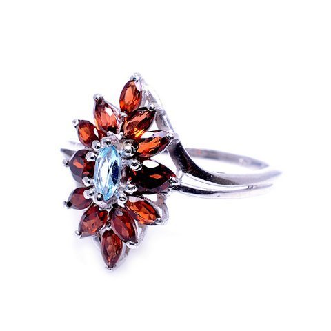 Women Handmade Ring For Wedding Anniversary Garnet Hydro & Blue Topaz Hydro Rings