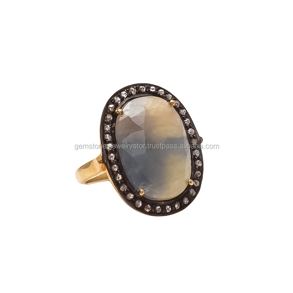 Gray Sapphire With Rose Cut Diamond 925 Sterling Silver Jewelry Gemstone Gold Plated Rings