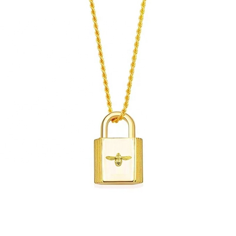 Genmel high quality 925 silver jewelry gold plated rope chain bee padlock pendant necklace