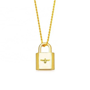 Genmel high quality 925 silver jewelry gold plated rope chain bee padlock pendant necklace