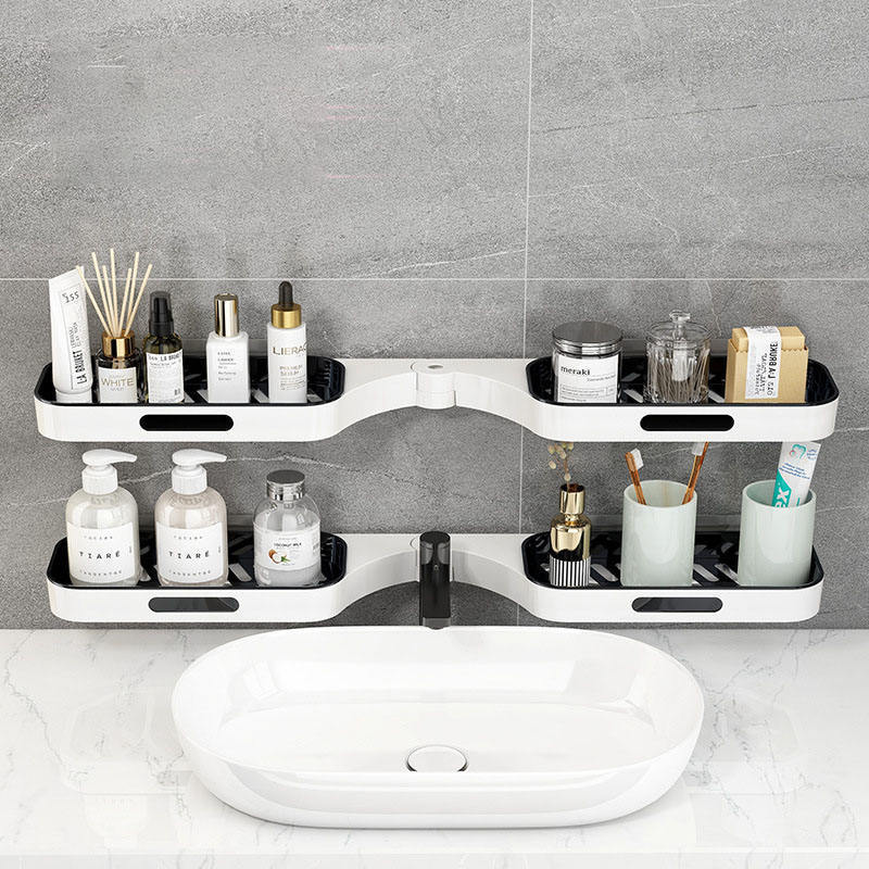 Foldable plastic double row corner rack wall mounted swivel storage shelf plastic bathroom rotating storage drain rack