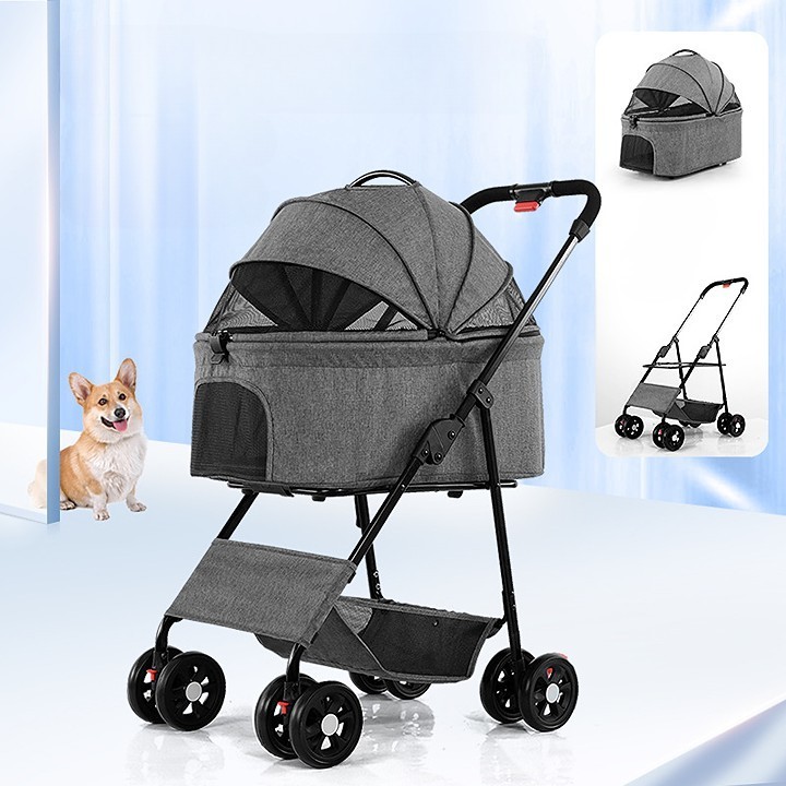 High End Customized Luxury4 Wheels Lightweight Folding Cat Dog Stroller with Storage Basket Dog Buggy Pet Trolleys Pet Stroller