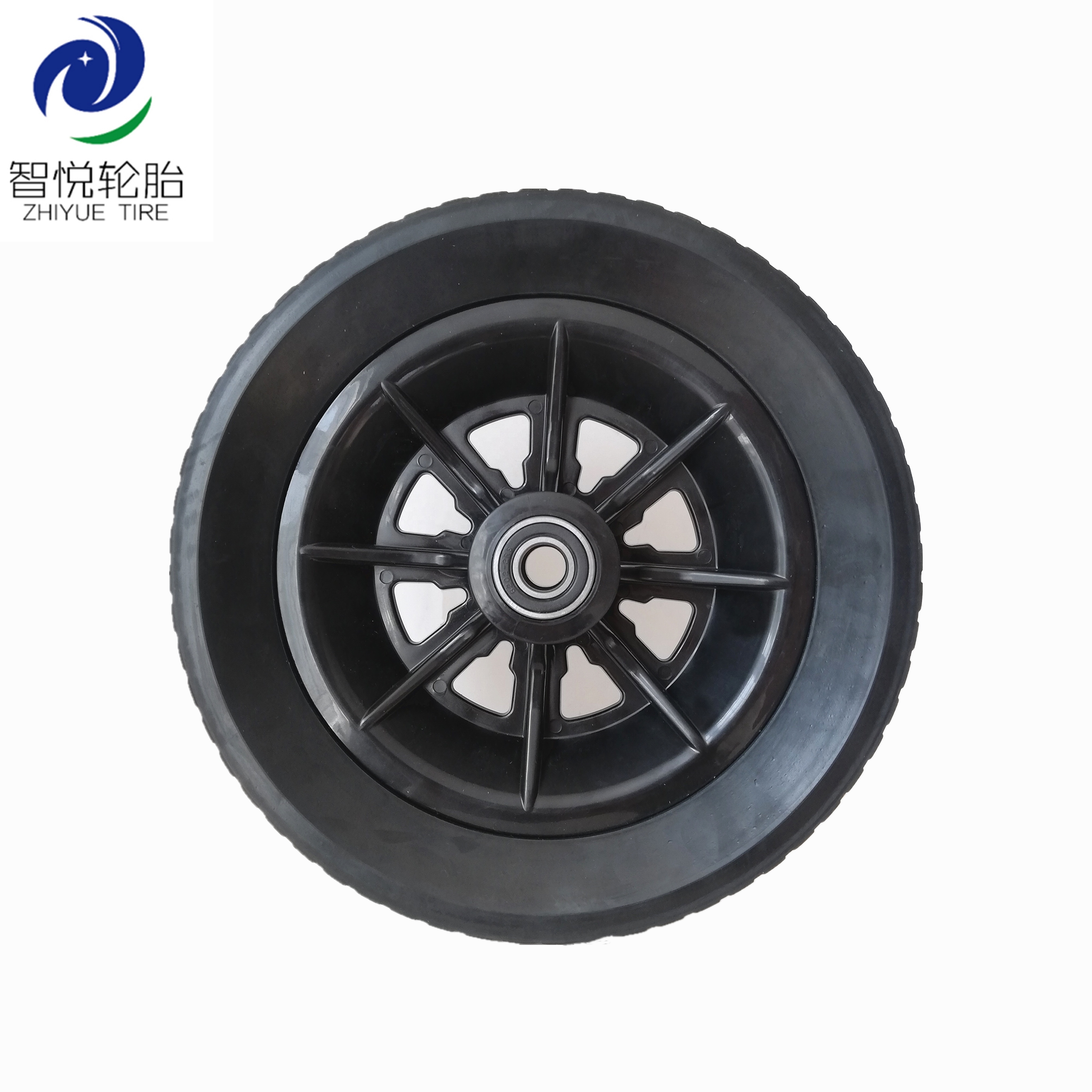 Solid rubber wheel 10 inch flat free hand truck wheel black rim for air dehumidifier, pressure washer wheel