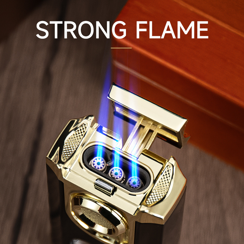 Refillable Windproof Luxury 3 Blue Flame Custom Logo Zinc Alloy Cigar Lighter With V Cutter Gift Box Cigar Accessories