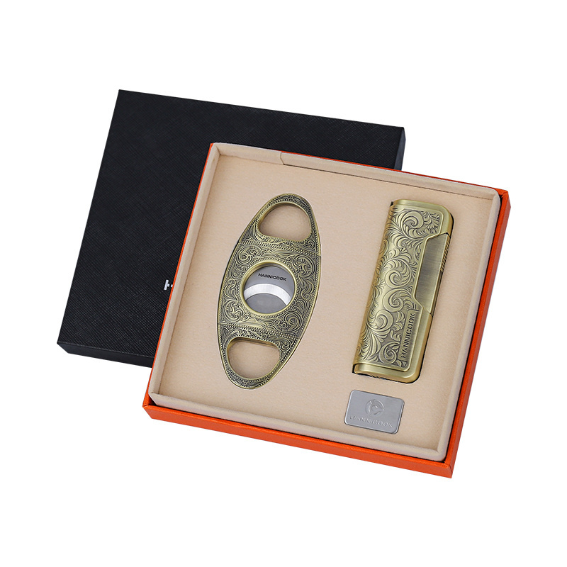 Luxury Embossed Portable Metal Zinc Alloy Sharp Cutters Straight to Lighter Cigar Cutter Set Safe And Durable