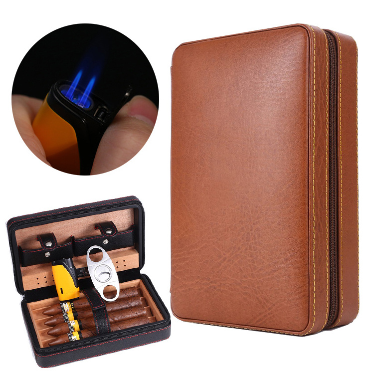 Factory Original Portable Hand-made Leather Travel Cigar Case cigar Lighter and cutter set