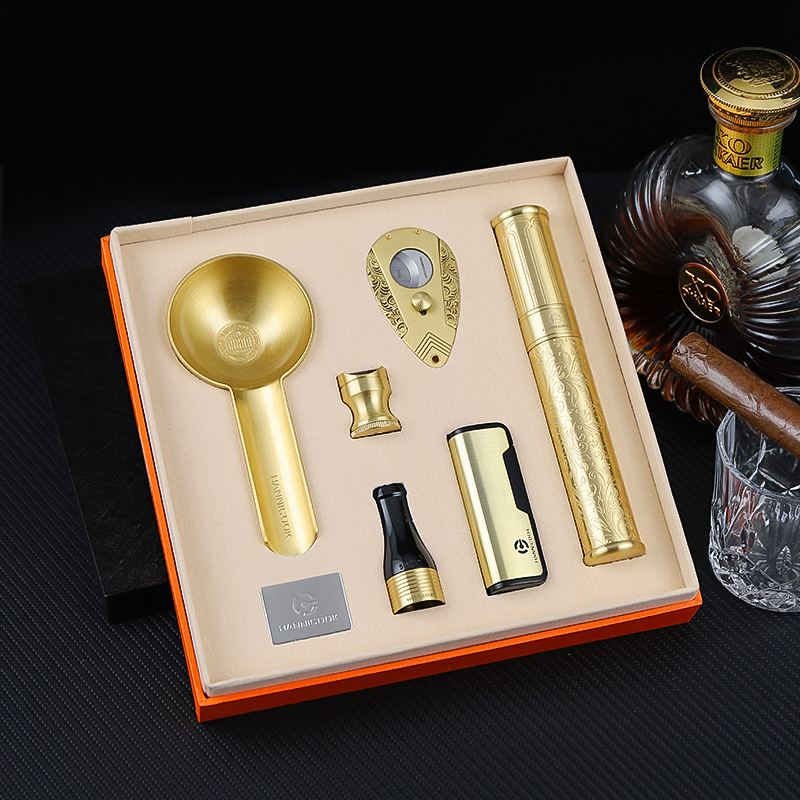 Luxury Gold 6 In 1 Set Portable Cigar Cutter Cugar Ashtray Cigar Stand Cigarette Holder Gift Set