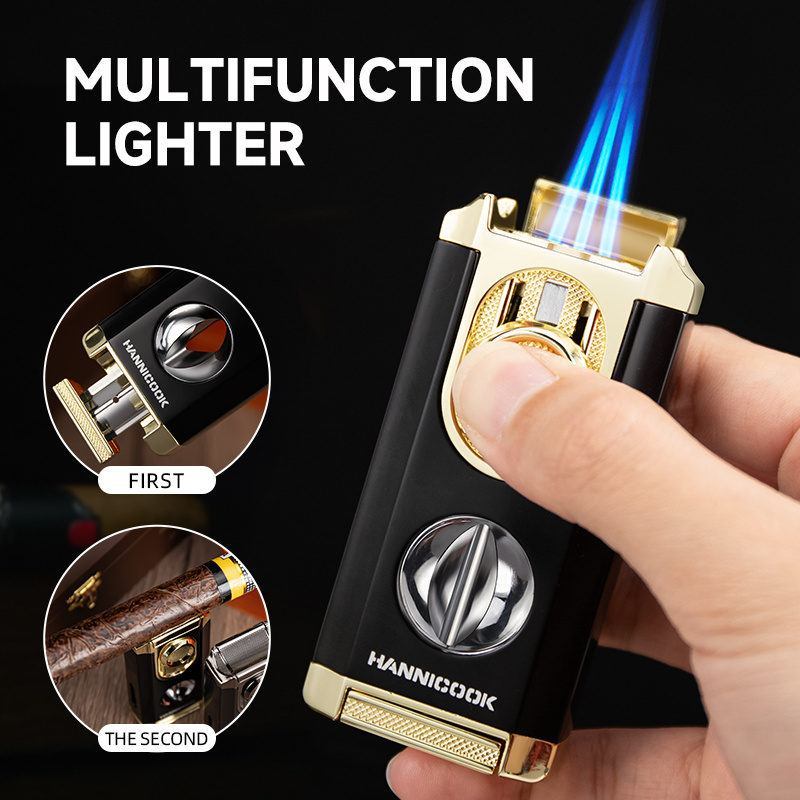 Refillable Windproof Luxury 3 Blue Flame Custom Logo Zinc Alloy Cigar Lighter With V Cutter Gift Box Cigar Accessories