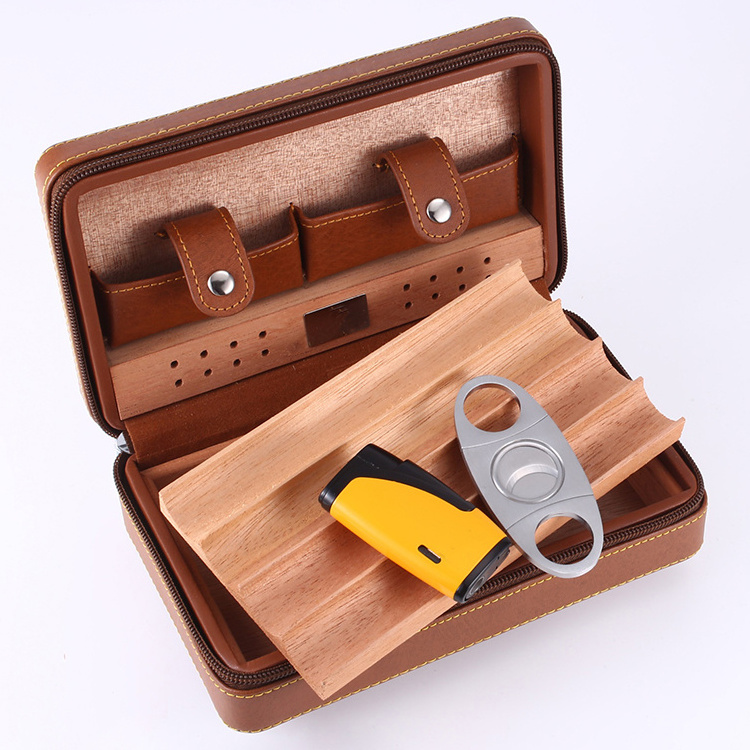 Factory Original Portable Hand-made Leather Travel Cigar Case cigar Lighter and cutter set