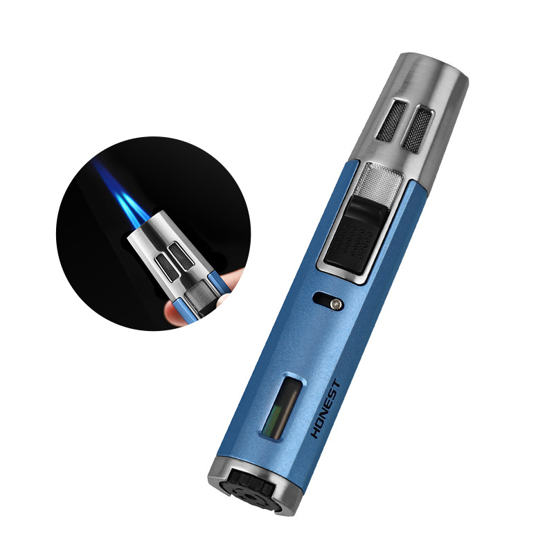 Portable Pen Shape Cross Double Direct Blue Flame Inflatable Cigar Lighter Metal Windproof Small Spray Gun